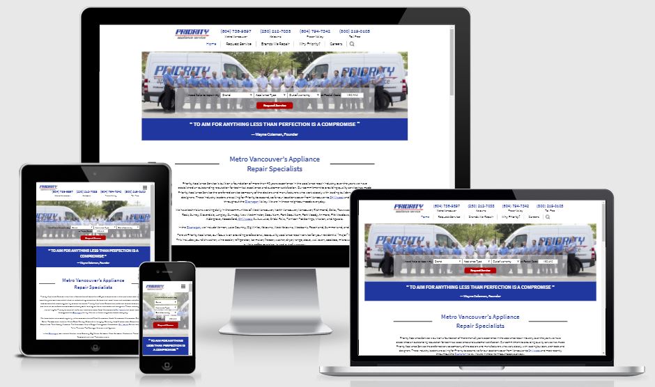Image of Priority Appliance Service new website by Out-Smarts on various screen sizes. 