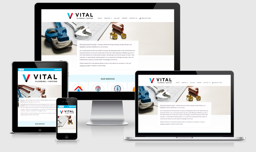 Image of Vital Plumbing new website by Out-Smarts on various screen sizes. 