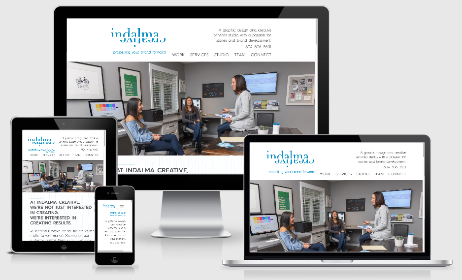 Image of Indalma Creative new website by Out-Smarts on various screen sizes.
