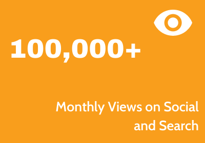 Yellow background with white text "100,000+ monthly view on social and search"