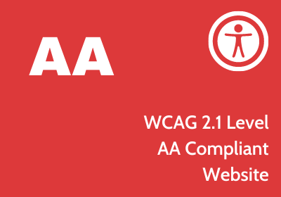 Red background with white text reading "AA WCAG 2.1 level AA compliant website" and a graphic of a person in a circle.