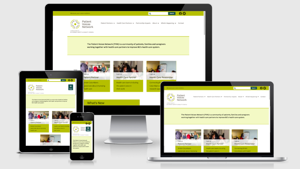 Image of Patient Voices Network new website by Out-Smarts on various screen sizes.