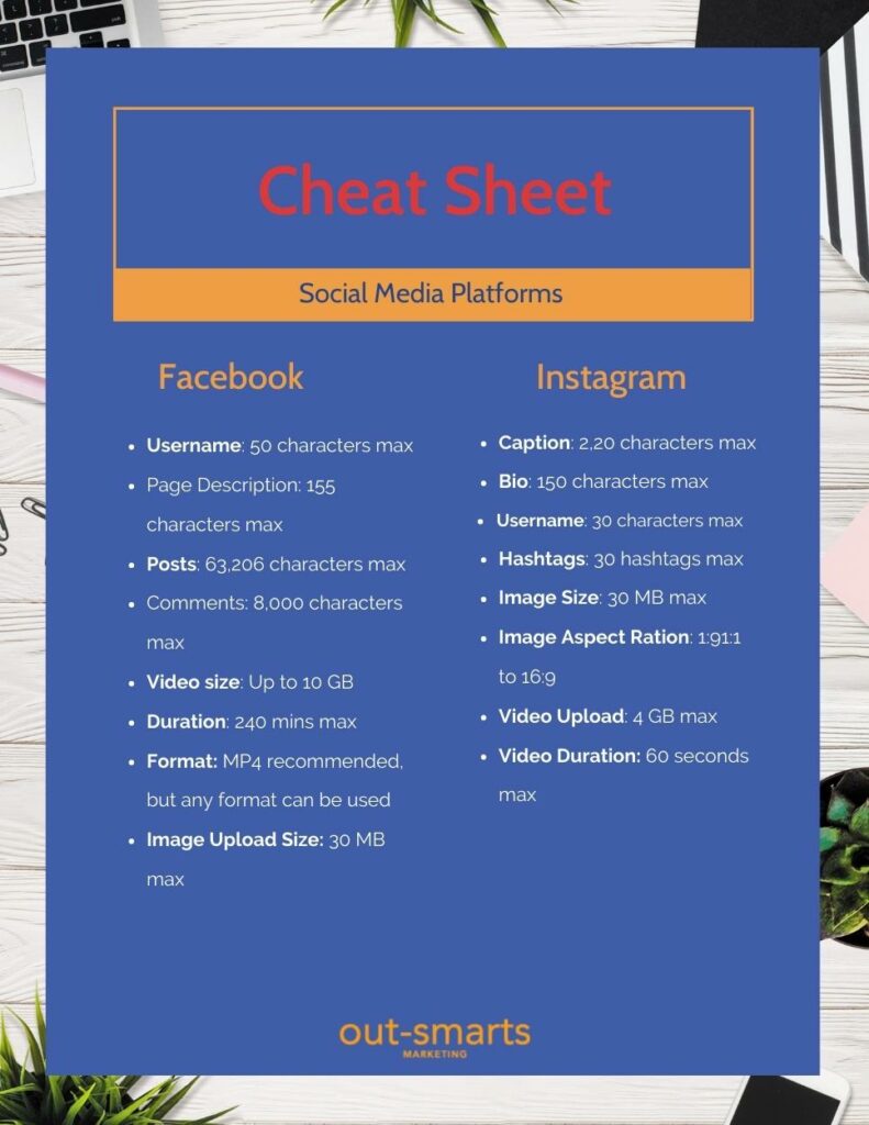 Cheat Sheet for Facebook and Instagram.