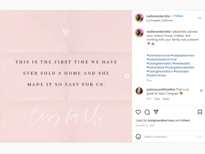 Screenshot of Instagram post with a pink background and black text reading "this is the first time we have ever sold a home and she made it so easy for us"