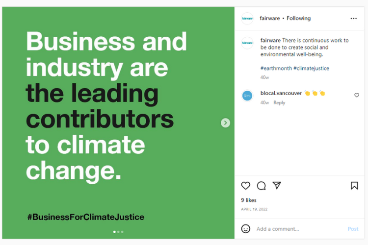 Screenshot of Instagram post reading "business and industry are the leading contributors to climate change." 