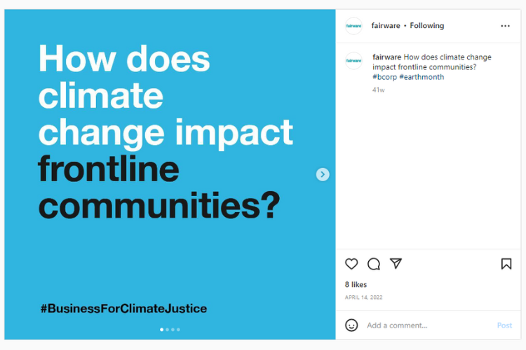 Screenshot of Instagram post reading "How does climate change impact frontline communities?"