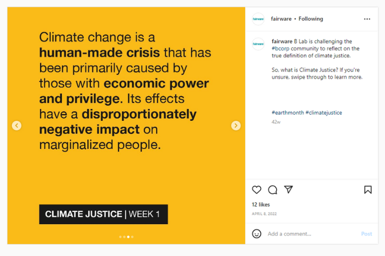 Screenshot of Instagram post about climate justice with a yellow background.
