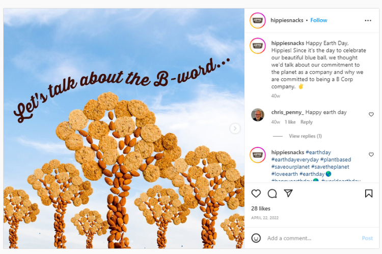 Screenshot of Instagram post with various nuts and grains organized in the shape of trees, against a blue cloudy sky. With text "lets talk about the b-word"