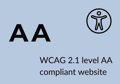 Blue background with white text reading "AA WCAG 2.1 level AA compliant website" and a graphic of a person in a circle.