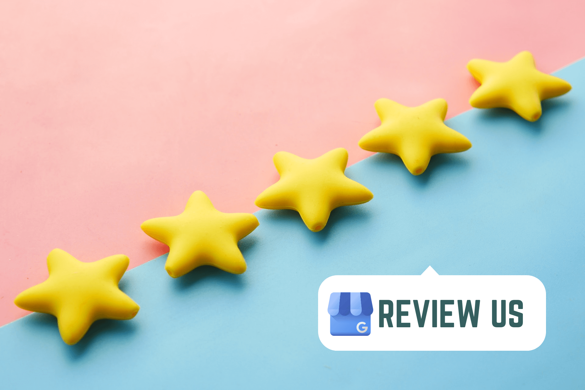 Image of 5 yellow stars with a sign review us.