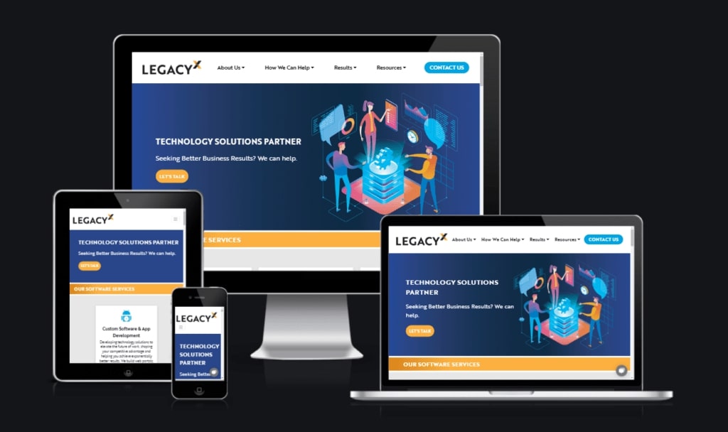 LegacyX Case Study, visually showing their website on various device screens.