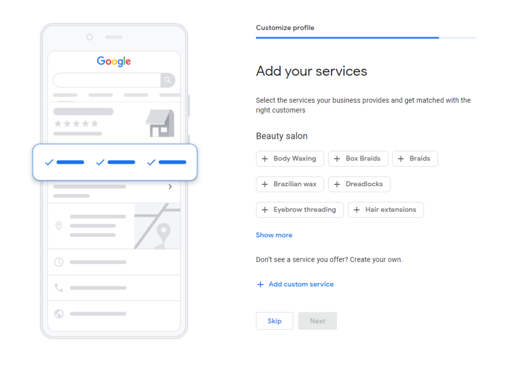 Screenshot of GBP on adding your services/