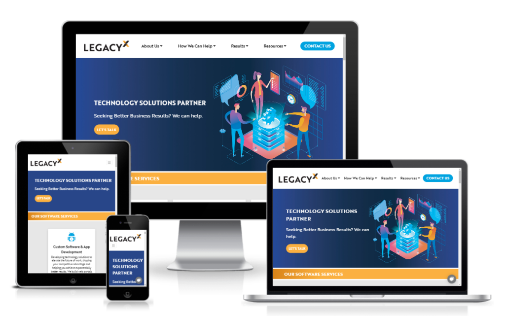 Screenshot of LegacyX website: desktop, tablet, laptop and mobile.