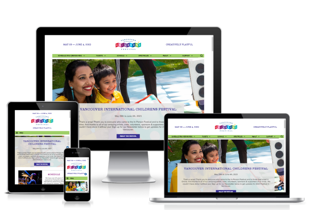 Screenshot of Vancouver International Children's Festival website: desktop, tablet, laptop and mobile.