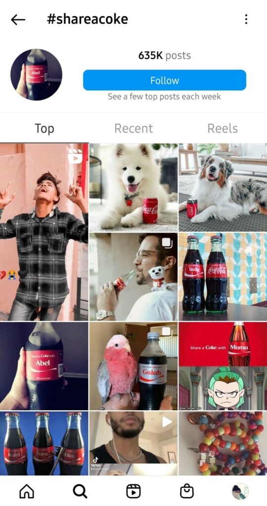 Screenshot of hashtag share a coke.