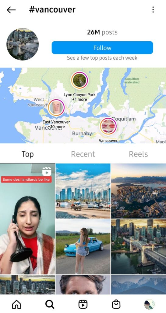 Screenshot of hashtag Vancouver on Instagram.