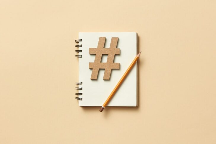 Image of hashtag on a notebook with pencil