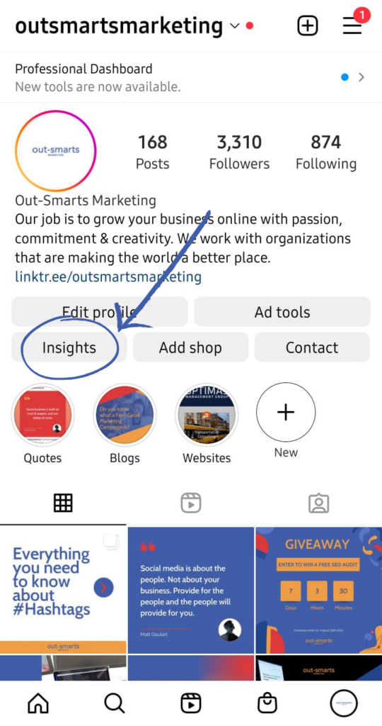 Screenshot of where to find Insights on your dashboard on Instagram 