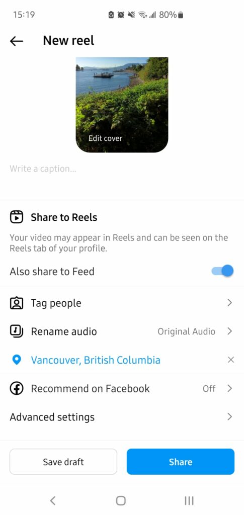 Screenshot of the last step to post your Reel 
