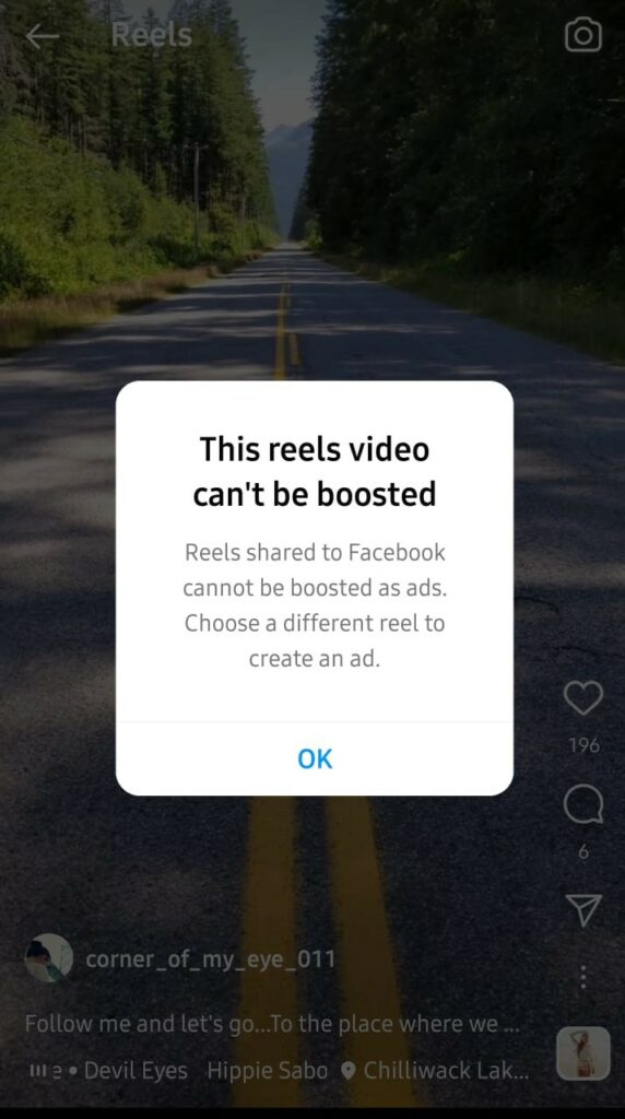 Screenshot of Instagram pop up of why this Reel can be boosted 