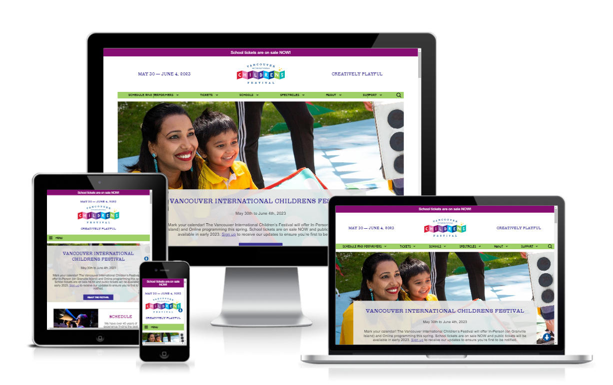 Screenshot of Vancouver International Childrens Festival website in desktop, laptop, mobile and tablet form.