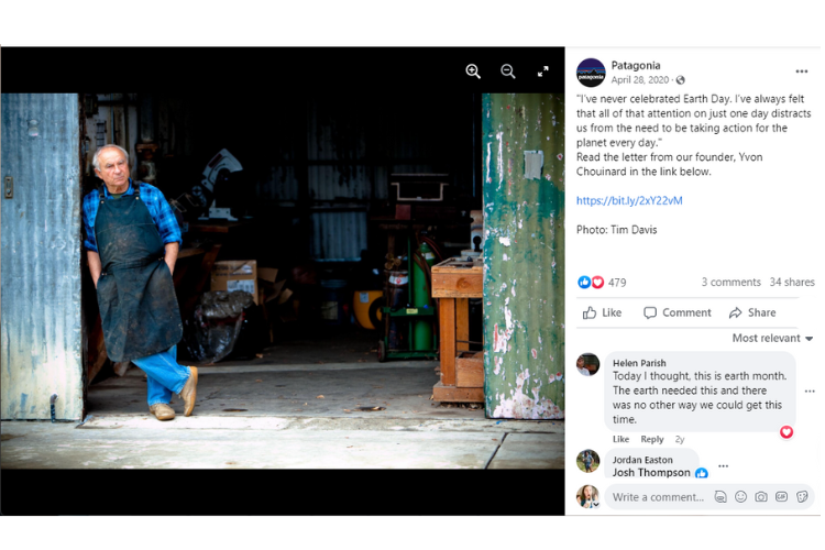 Screenshot of Instagram post of man in an apron, outside a workshop standing, leaning on a wall.