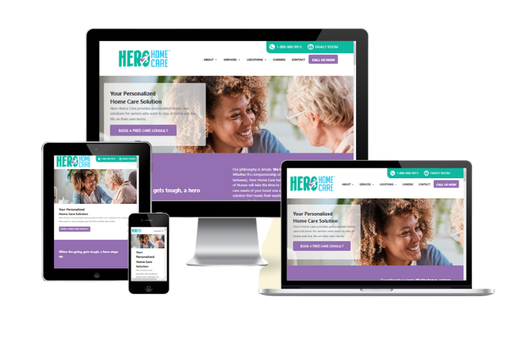 Screenshot of Hero Home Care website: desktop, tablet, laptop and mobile.