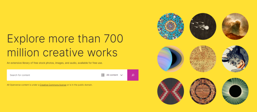 Screenshot of a all openverse for content for images.