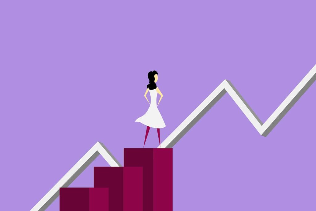 Illustration of woman analyzing financial line graphic