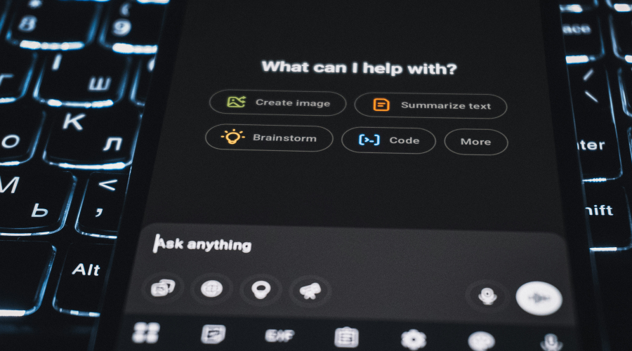Generative AI assistant displayed on a smartphone, with options to create images, summarize text, brainstorm and code.